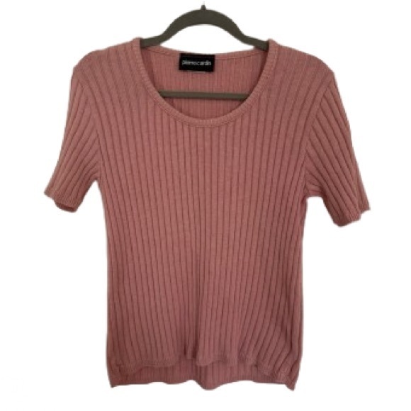 Vintage Pierre Cardin Pink Ribbed Knit Top Medium Scoop Neck Short Sleeve Y2K - Picture 1 of 7
